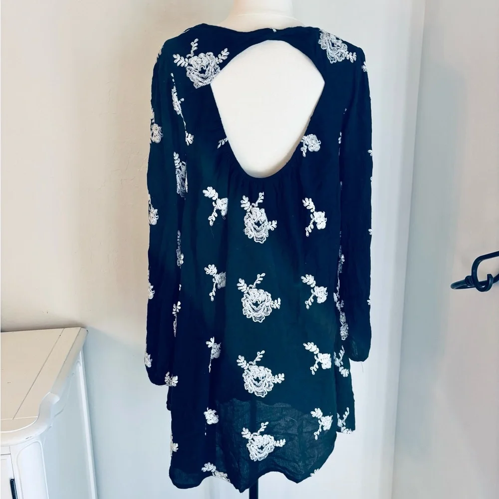 Free People Black Emma Austin Floral Embroidered Boho Swing Mini Dress, M